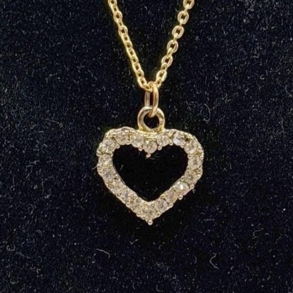 Gold Tone Rhinestone Open Heart Pendant Necklace 18" Romantic Gift Valentine Day
